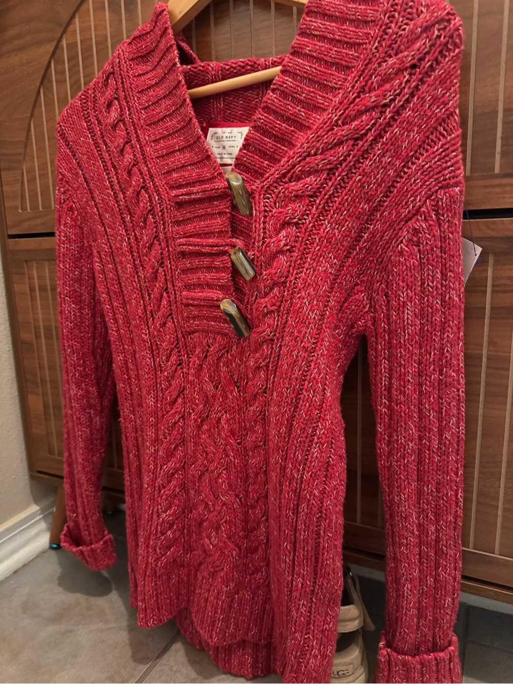 Old Navy Red Cable-Knit Turtleneck Sweater with Toggle Buttons